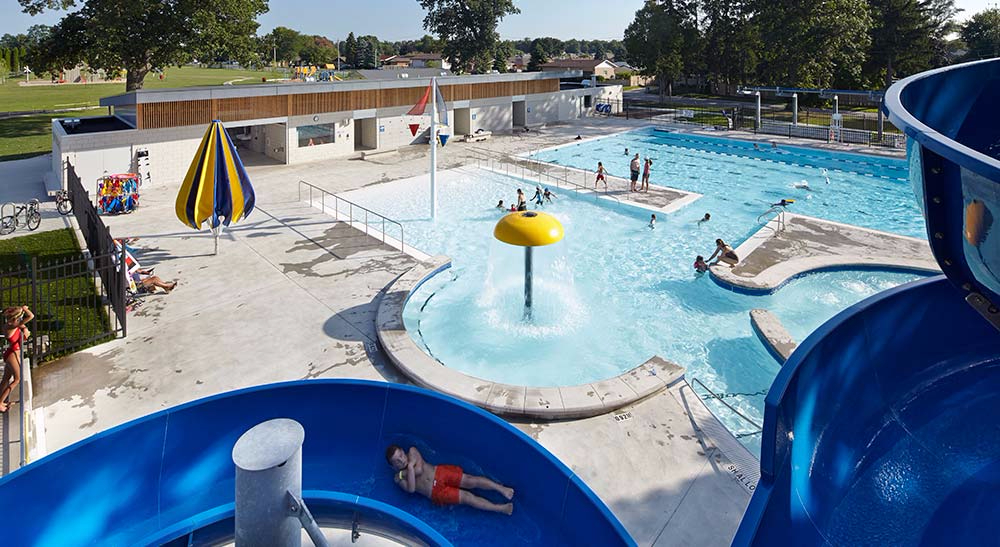 View of the lap and leisure pool from the top of the waterslide at Fairgrounds Aqua Park in Strathroy, Ontario